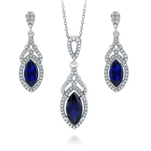 Halo Art Deco Sapphire-Blue Marquise CZ Set in Sterling Silver