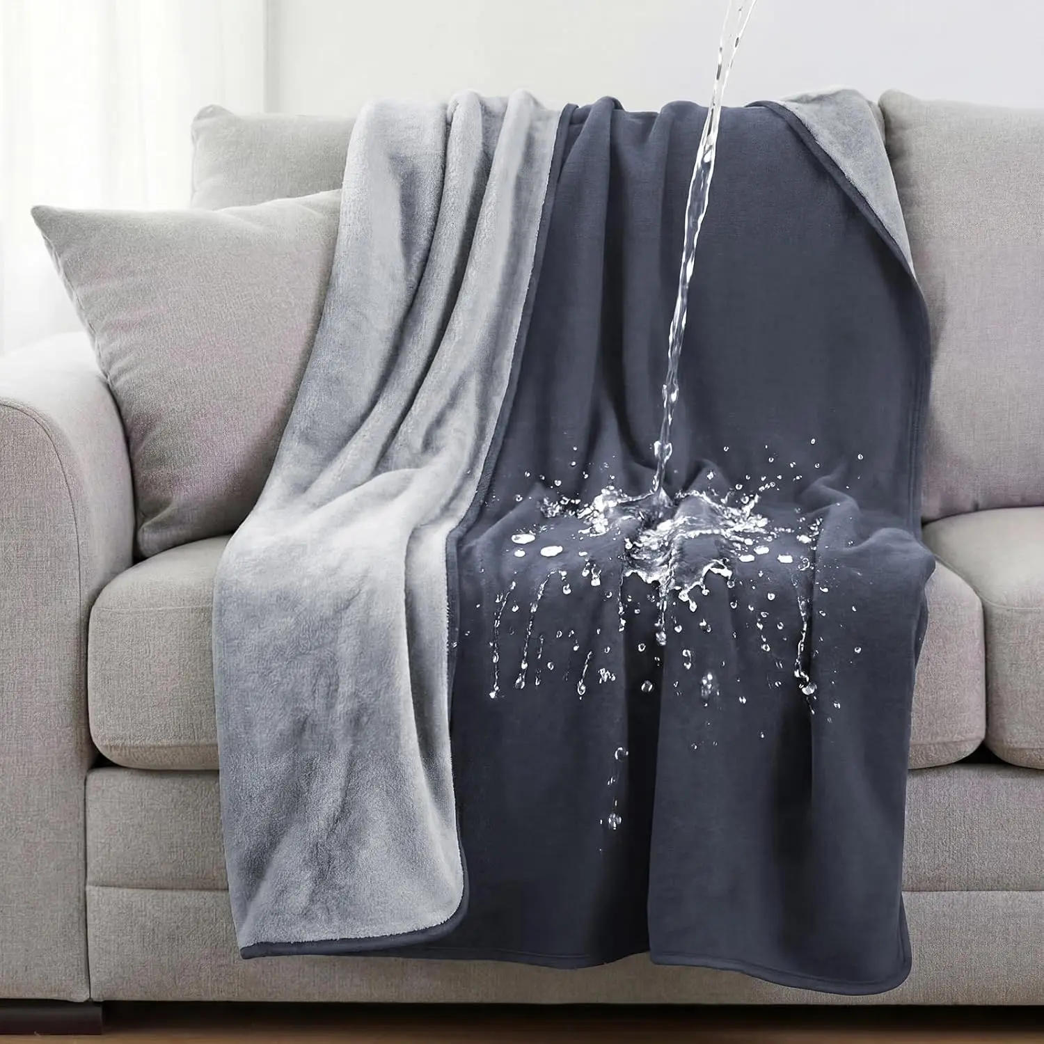 Reversible Flannel Fleece Throw Blanket, 40"x60" Gray/White - Leakproof Furniture Guard with Waterproof Layer, Washable Bedding Accessory for Bed, Couch, Leakproof Layer