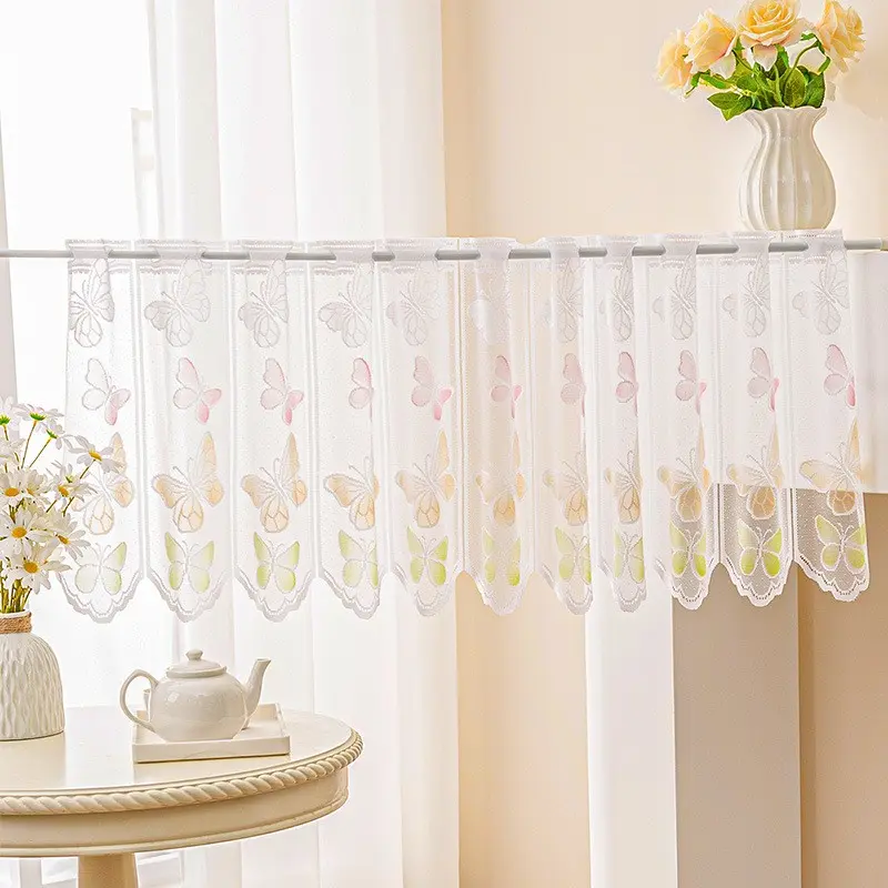 European Style Knitted Lace Curtain Rod Pocket Short Kitchen Window Drapes, Cabinet Glass Privacy Cafe Curtains, Home Decoration Curtain, Room Decor Curtain