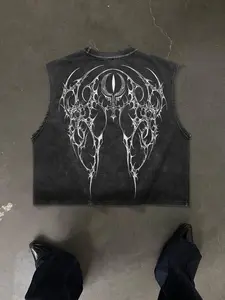 Men's Trendy Alien Skull Graphic Print Short Sleeveless Fitness Tank Top, Vintage Wash Body, Symmetrical Biomechanical Print, Loose Casual Fit, Lightweight Soft Material, Casual Tank Tops