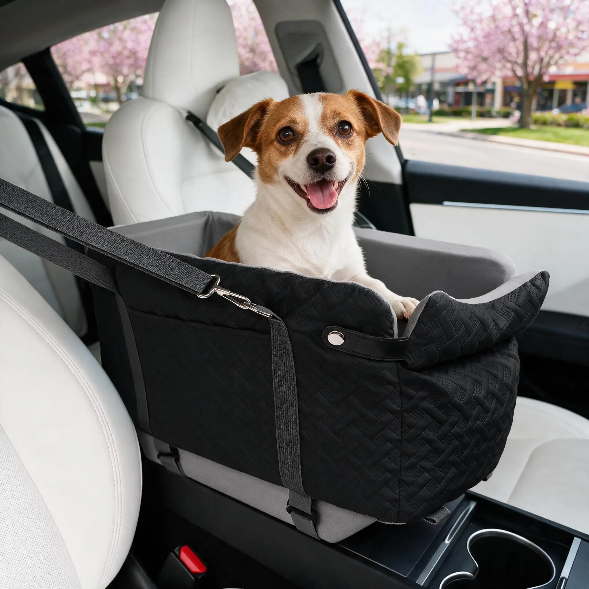 Black Fabric Paw Print Pet Booster Basket, Portable Armrest Mount Dog Car Booster Seat, Soft Comfortable Travel Carrier Bed, Vehicle Interior Pet Bed for Small to Medium Dogs
