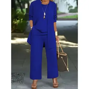 Plus-size casual solid-color three-piece suit set for women: cardigan top + round vest + pants. Comfortable plus-size clothing set.