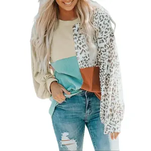 Leopard Patchwork Color Block Ribbed Long Sleeve Tops