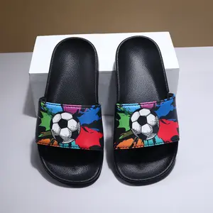 Football Slippers for Boys - PU Material Anti-Slip Odor-Resistant Lightweight Sandals - Black Colorful Pattern - Sizes 26/27-38/39 - Ideal for Outdoor & Home Wear