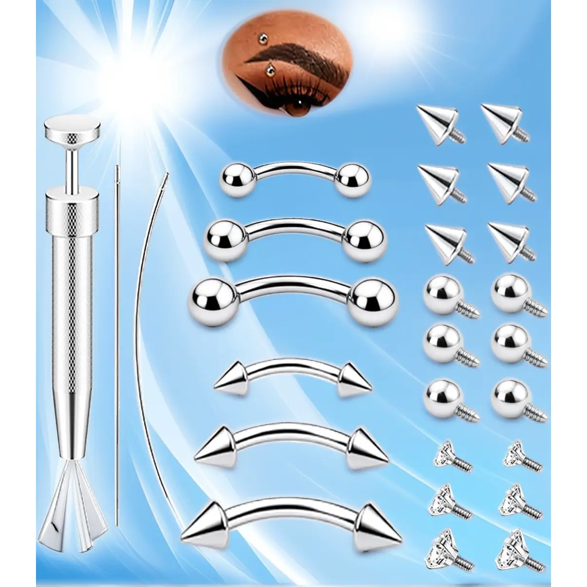 Surgical Steel Curved Barbell Piercing Kit Eyebrow Jewelry Set with Tools CZ Spike Ball Ends Internal Thread 6mm 8mm 10mm Rook Daith Lip Rings