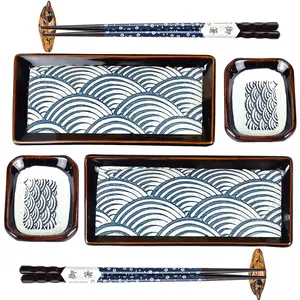 8 count  Style Ceramic Sushi Plate Dinnerware Set for Wedding Housewarming - 2 Sushi Plates, 2 Sauce Dishes, 2 Pairs of Chopsticks, 2 Chopsticks Holders