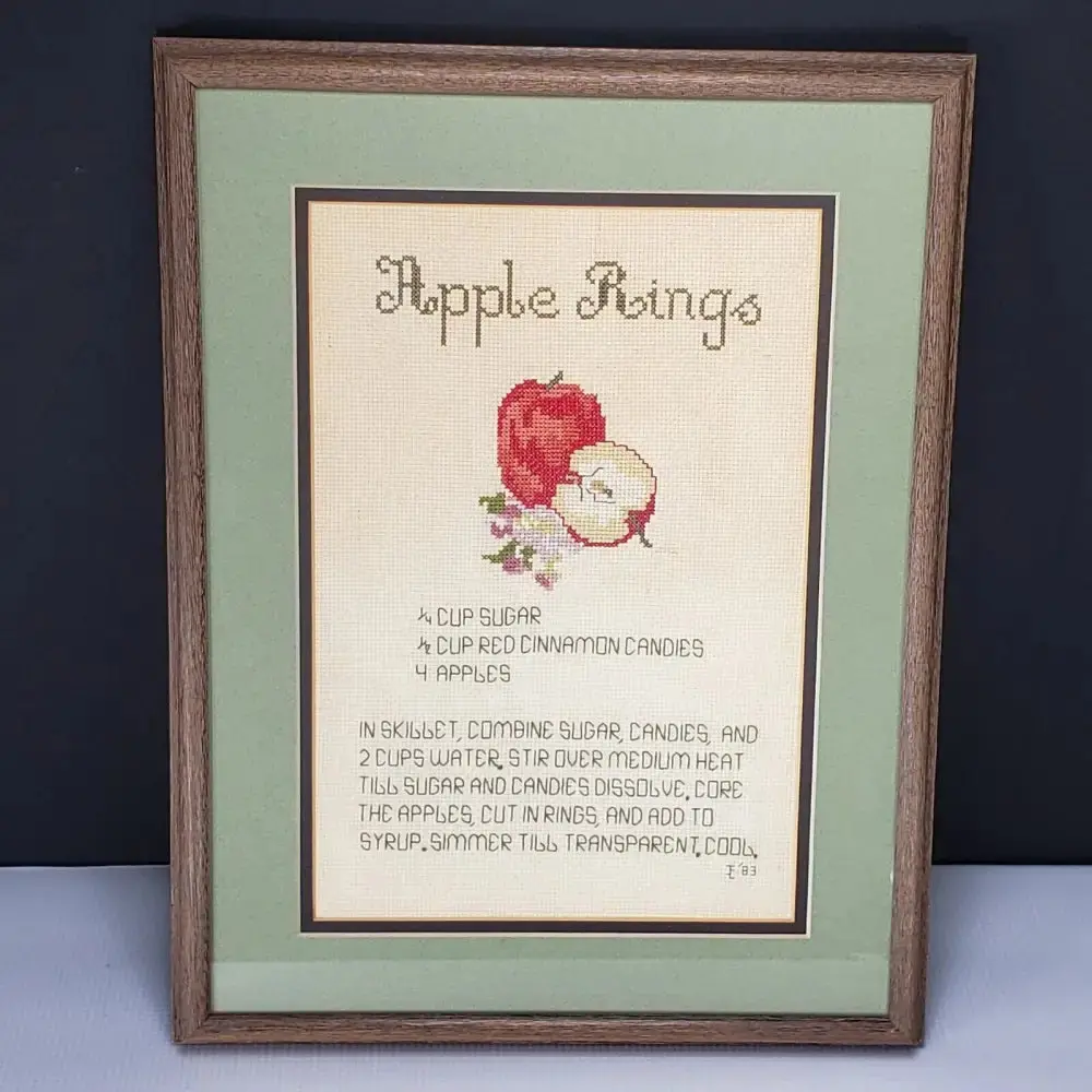 Needlepoint Recipe Apple Rings Framed Wall Art Vintage