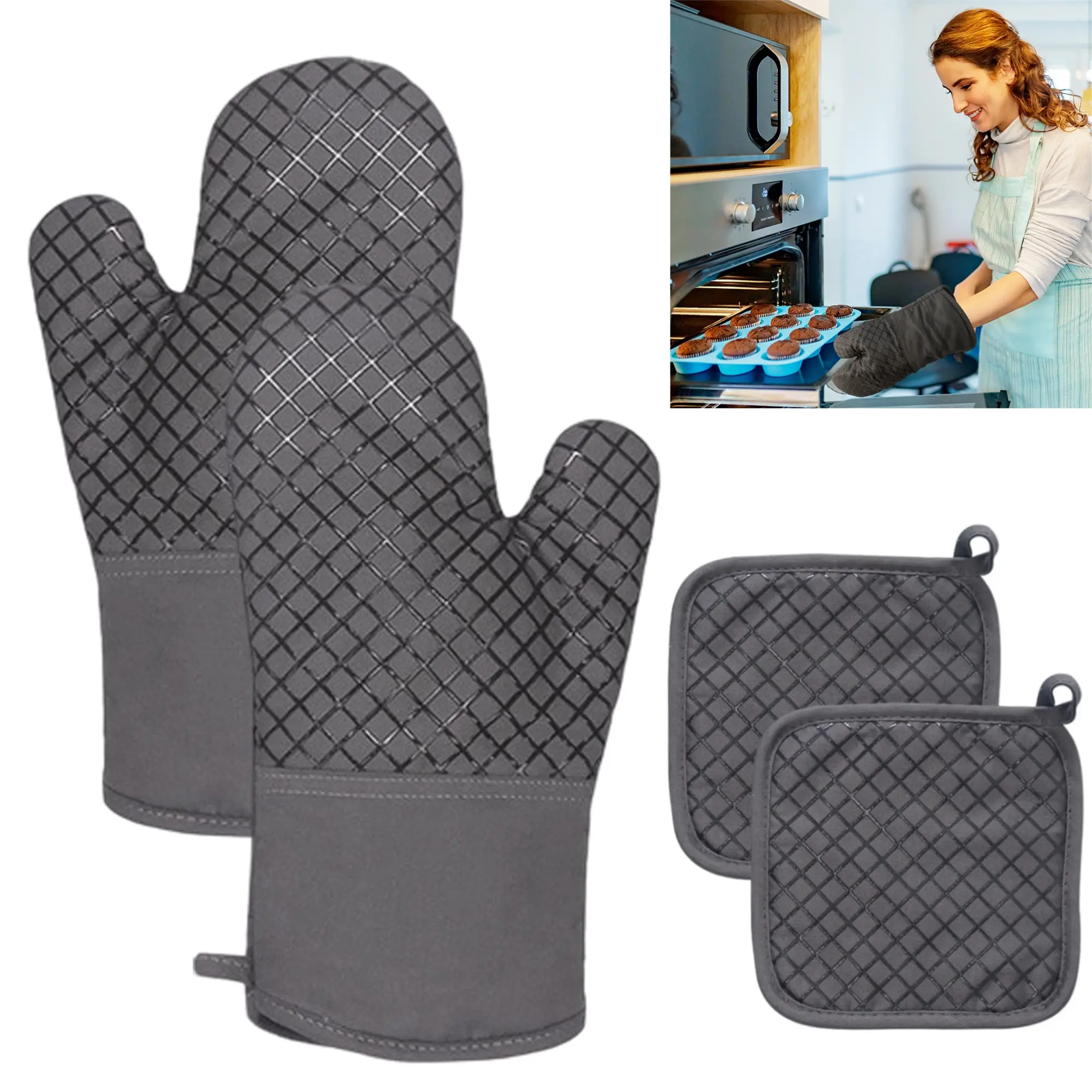 4PCS Oven Mitts and Pot Holders, 500°F High Heat Resistant Kitchen Oven Mitts with Pot holders, Long Oven Mitts with Recycled Cotton Infill and Silicone Non-Slip Surface for Baking and Cooking(Grey)