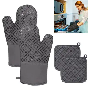 4 Pcs Oven Mitts and Pot Holders, 500°F High Heat Resistant Kitchen Oven Mitts with Pot holders,Long Oven Mitts with Recycled Cotton Infill and Silicone Non-Slip Surface for Baking and Cooking(Grey)