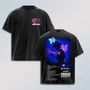 Oversized Graphic Wash T-Shirt Omar Courtz Por Si Mañana No Estoy Album - Heart Design Front with Full Tracklist Neon Art Print on Back, Premium Soft Cotton Unisex Streetwear Tee Casual Wear, Heavyweight Latin Trap Reggaeton Merch, Concert Outfit