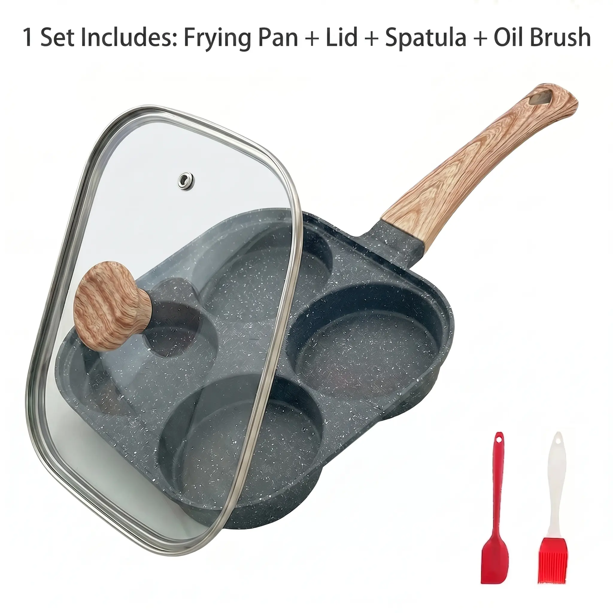 4-Hole Non-Stick Maifan Stone Coating Egg Frying Pan with Lid - Cookware for Quick Breakfast, Fry 4 Eggs at Once, Compatible with Gas & Induction Stoves