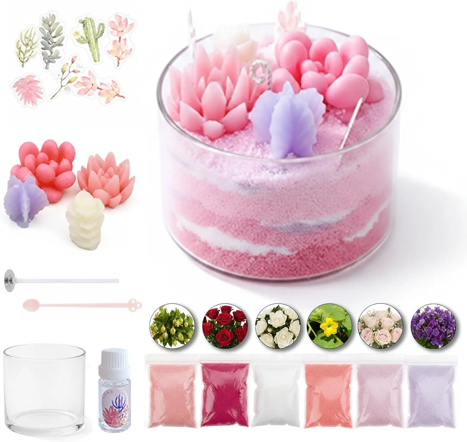 TKTKPOOW No-Melting Sand Art Candle Making Kit - Adults' DIY Craft Kit with 6 Colors, Wick, Glass Cup, Fragrance Oil, Stirring Spoon, Charms