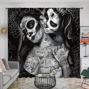Gothic Skull Couple Pattern Curtain, 2 Counts/set Pole Pockets Door Curtain, Home Decor for Bedroom, Living Room, Study, Bathroom, Kitchen, Home Decoration Curtain
