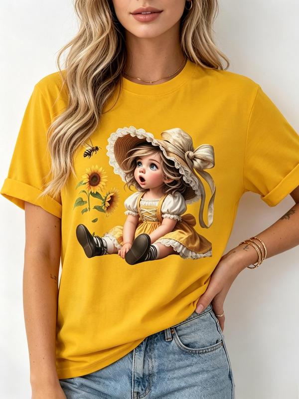 Women's Comfortable Fitted Cotton Crew Neck Short-Sleeve Yellow Cottagecore Tshirt - Lady Tee with Viral TikTok Rustic Chibi Girl, Lace Straw Hat, Sunflower Bee Farm Country Cartoon Print, Soft Fabric for Spring Garden, Beach Vacation