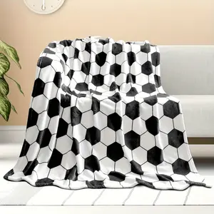 Hexagonal Patterned Fleece Blanket With A Football Style - Black And White Geometric Design, Tear-Resistant, Machine Washable For All Seasons, Suitable For Beds, Sofas, Or Home Decor Throws, Fabric