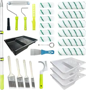 Roller Kit with Extension Pole, 28 count Set, 2-4 Ft Pole, 4"9"  Rollers, Roller Cleaner, Brushes Set for Professional Painting,House  Roller for Latex and Oil Paints & Stains