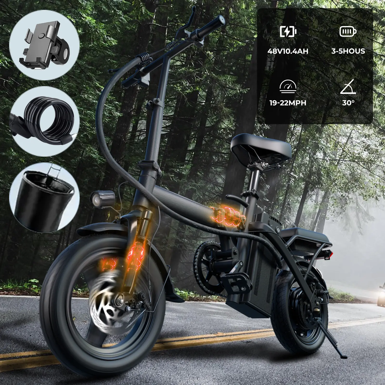 Folding Ebike for Adults - 500W Motor, 3-Level Shock Absorption System, 48V 10.4Ah Battery, 30-32km Range, Wheel Pedals & Ebike Charger Included