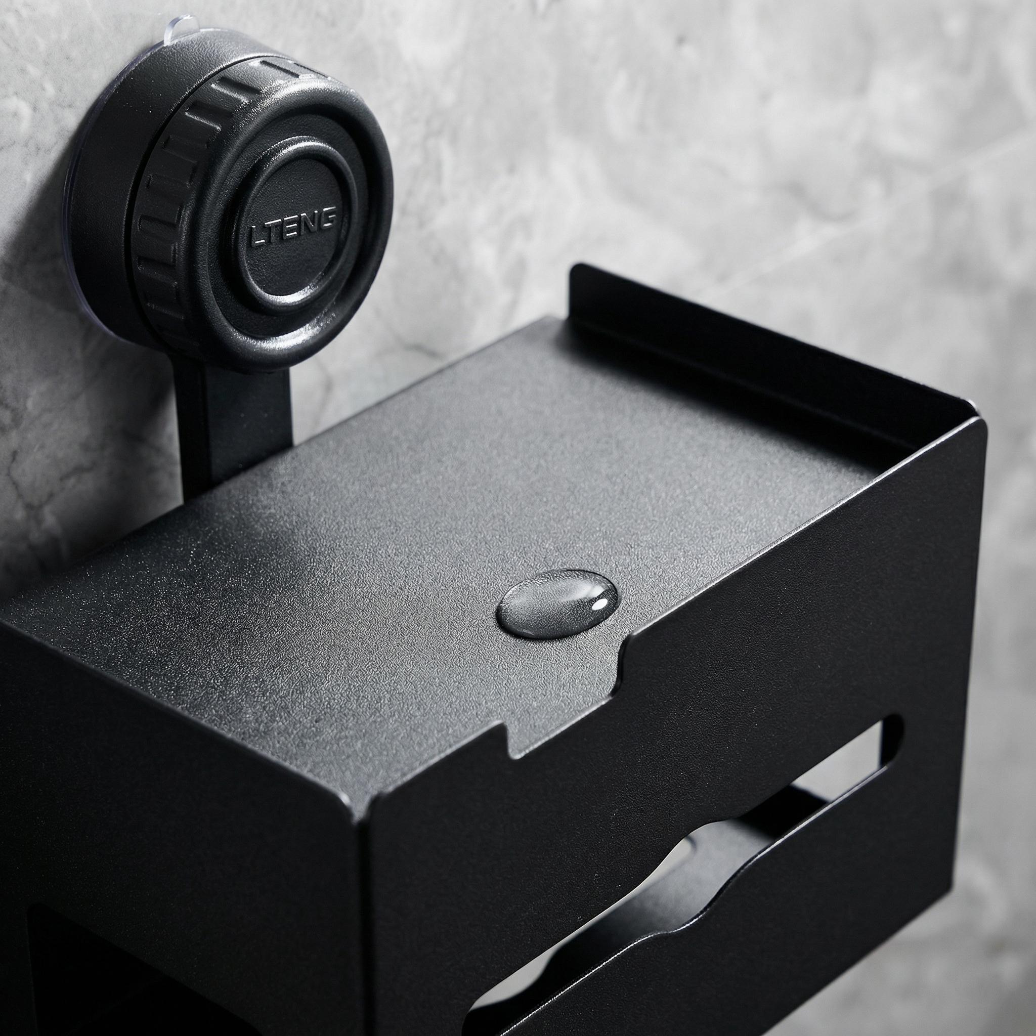 Suction Cup Toilet Paper Holder with Shelf, No Drill Bathroom Organizer, Heavy-Duty Vacuum Suction, Rustproof Space Aluminum, Matte Black Wall Mount Tissue Dispenser for Bathroom, RV, Rental Friendly