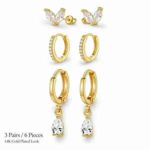 Set of 3 pairs of gold hoop earrings (butterfly cubic zirconia stud earrings / all-stone thin hoop ear cuffs / teardrop ear cuffs). Delicate, small stud earrings; fashionable mini design. 14K gold-plated, hypoallergenic drop earrings and ear cuff earrings
