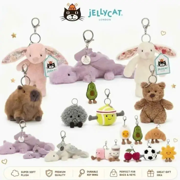 Jellycat Mini Plush Keychain - Kawaii Mini Plush Toy Charm, Soft Cuddly Bag Accessory, Cute Collectible Gift for Plush Lovers & Friends