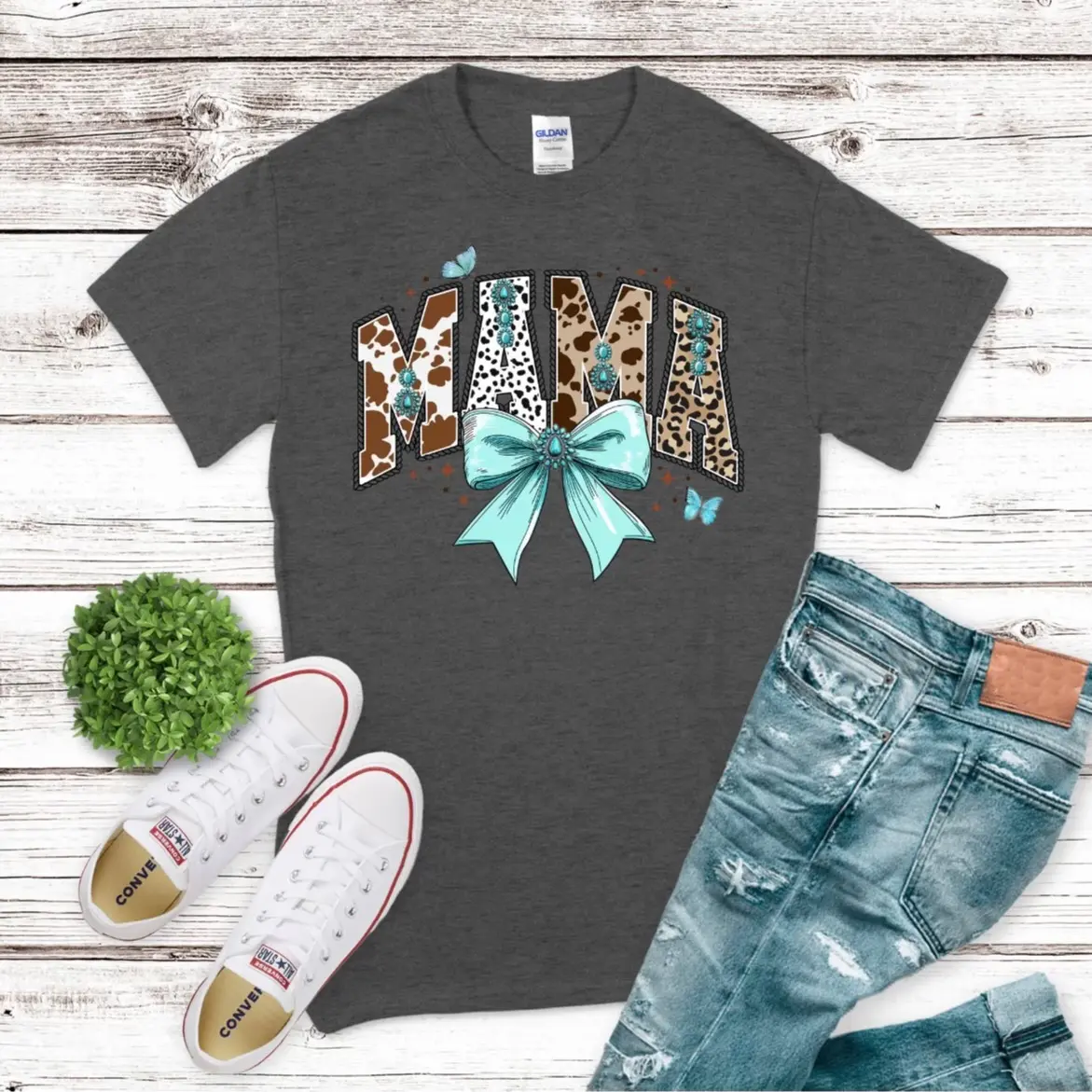 GILDAN COW/MAMA BOW TSHIRT IN CHARCOAL GREY