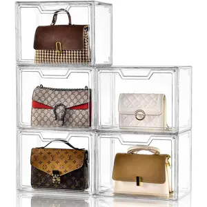 Closet Wallet Organizer, Handbag Organizer Transparent Acrylic Display Box, Magnetic Door Wallet Storage Box, Book Plastic Storage Bin, Collectibles, Cosmetics (5 Packs)