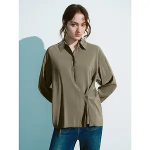 URBAN REVIVO 2026 Spring Women's Basic Minimalist Viscose Fabric Top - Asymmetrical Wrap, Thin, Loose-Fit, Button-Down Casual Everyday Blouse