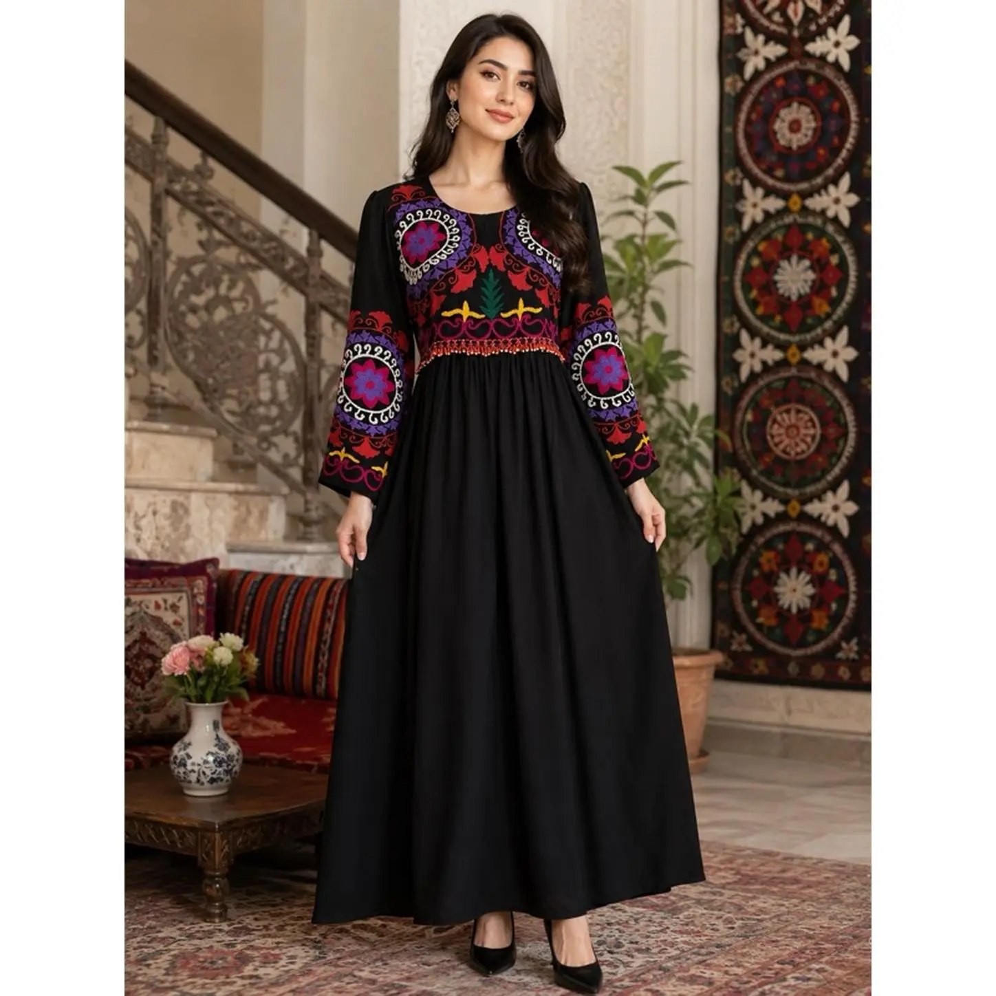 Handmade Tajiki Dress with Colorful Patterns and Long Sleeves for Women