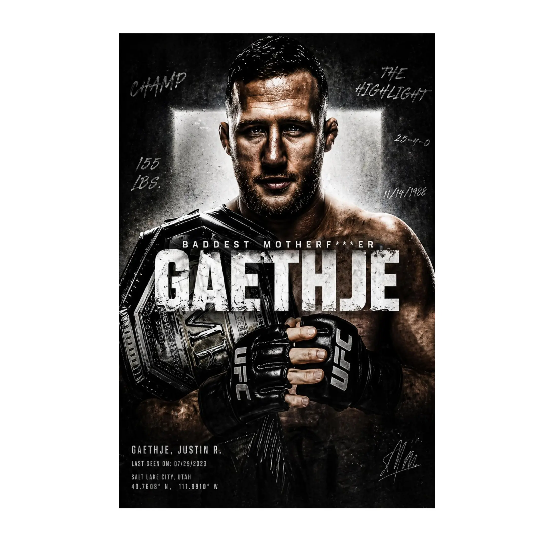 UFC Justin Gaethje Champion Poster, Wall Art MMA Fighter Print Gym Bedroom Office Decor Gift