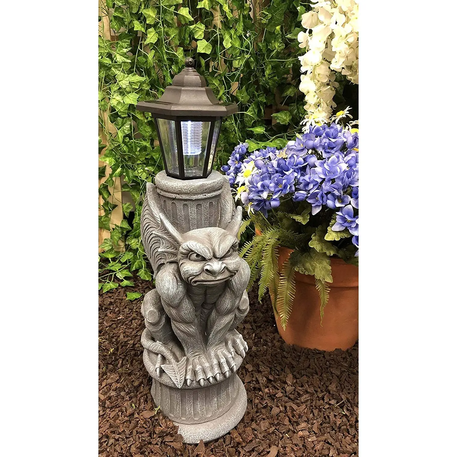 Ebros Gothic Gargoyle Statue, 20" Tall Outdoor Garden Accessories with Hand-Painted Polish Finish Solar LED Lantern Light Post Figurine