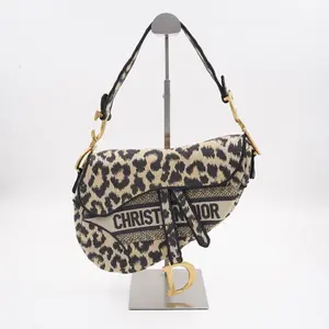 Pre-owned Dior Canvas Shoulder Bags Saddle Medium Leopard print JM