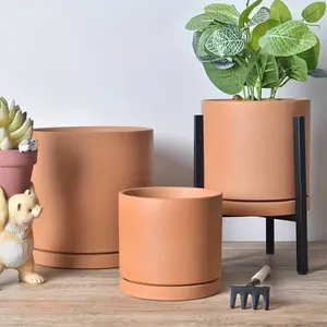 2 Ceramic Plant Pots with Trays, Clay Simple Straight Vase, Succulent Greenery Garden Indoor Outdoor Round Column Aeration Moisture Retention