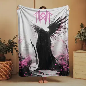 Dark Fantasy Hooded Figure Blanket, Gothic Mystery Throw Blanket, Pink Floral Horror Room Decor