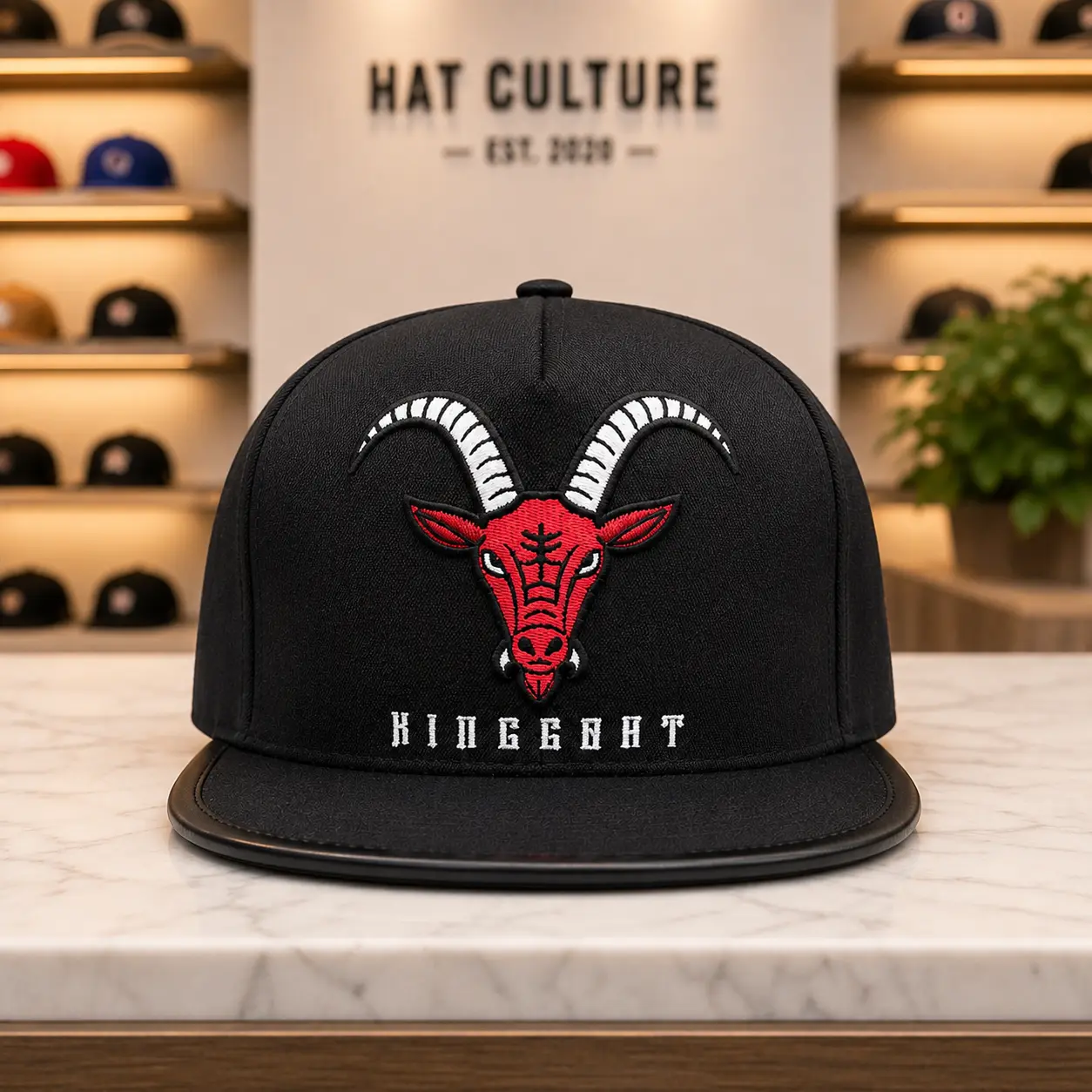 KINGGOAT Embroidered Black Snapback Hat for Men – Red Ram Graphic, Flat Brim Adjustable Streetwear Baseball Cap