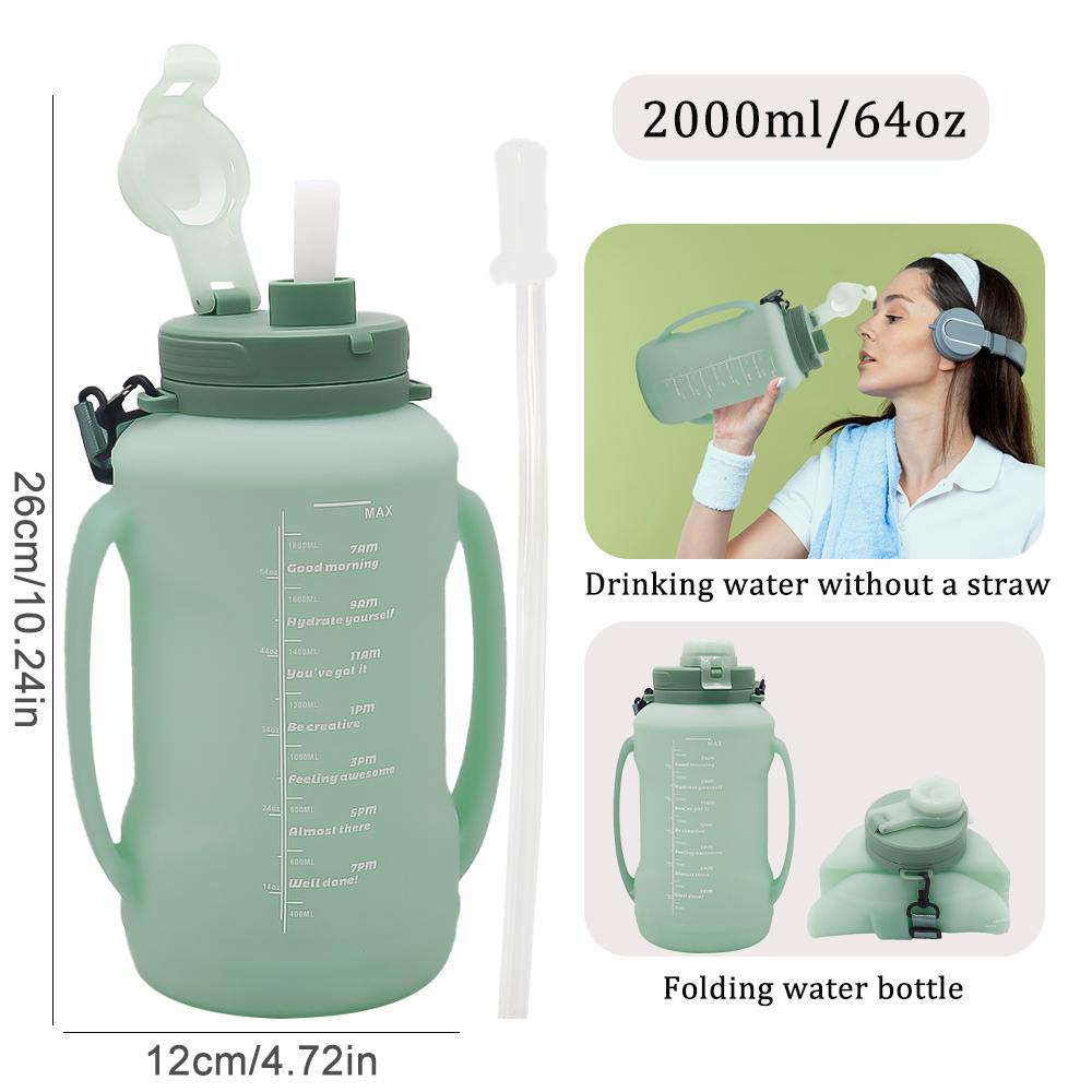 64oz Collapsible Water Bottle with Time Marker, BPA Free Silicone Foldable Water Jug with Handle & Straw, Leakproof Large Capacity Portable Water Bottle for Gym, Hiking, Travel, Sports
