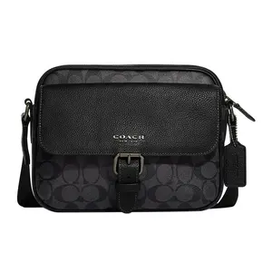 COACH Hudson 23 Crossbody Bag With Zipper Closure, Multifunctional Pocket, Coated Canvas And Natural Pebbled Leather, Medium Size, For Men, Black