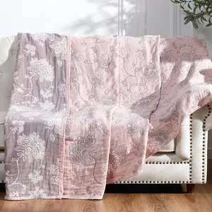 Boho 100% Cotton Muslin Queen Size 80x90 Inches Blanket Lightweight 4-Layer Quilted Soft Pink Multi Floral Throw Blanket Reversible Comfy Flower Rustic All Seasons Couch Bedroom Decor