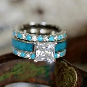 3Pcs Simple Engagement Ring Set with Blue Turquoise Stone for Women, Elegant and Stylish