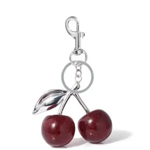 Cherry Key Chain Bag Charm - Gold or Silver Design with Cherry Accents and Gold Finish