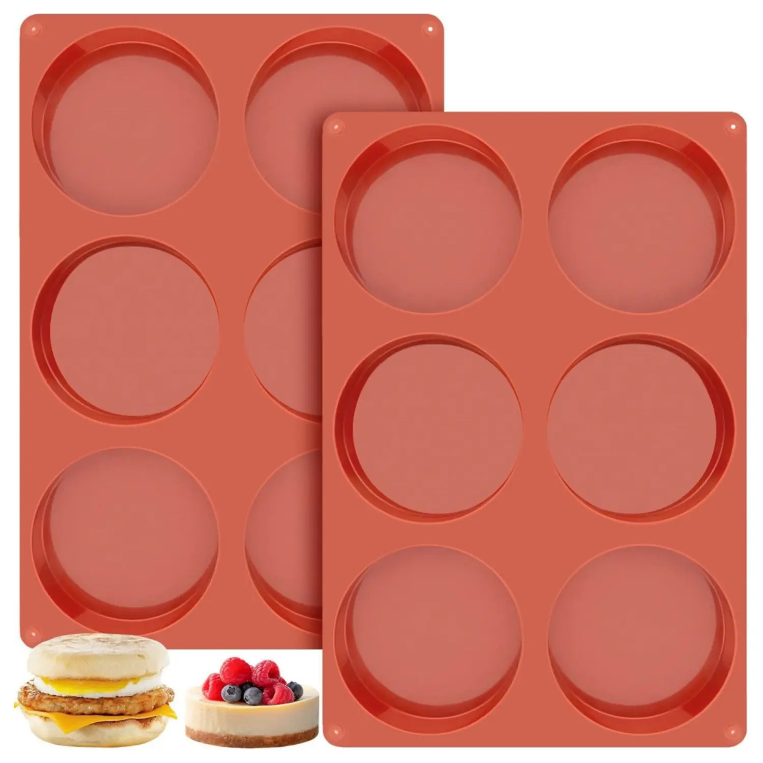 Food Grade 2-Pack Flexible Silicone Egg Molds Trays - Fine Silicone Muffin Cupcake Tins & Moulds, 3.9in Diameter, 0.79in Depth, Non-Stick Round Bakeware for Jumbo Muffin Tops, Hamburger Buns