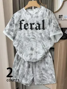 Women's "Feral" Gothic Print Two Piece Set, Camo Oversized Tee + Shorts Loungewear | #TwoPieceSet #FeralPrint #LoungewearSet