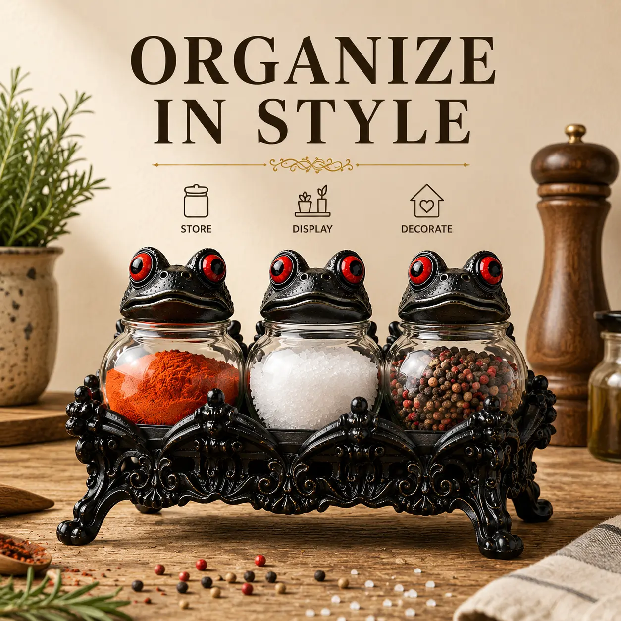 Dark Witch Frog Jar — Gothic-style seasoning jar with resin frog lid (not threaded lid) | Retro Halloween kitchen decor | Herb and spice storage jar