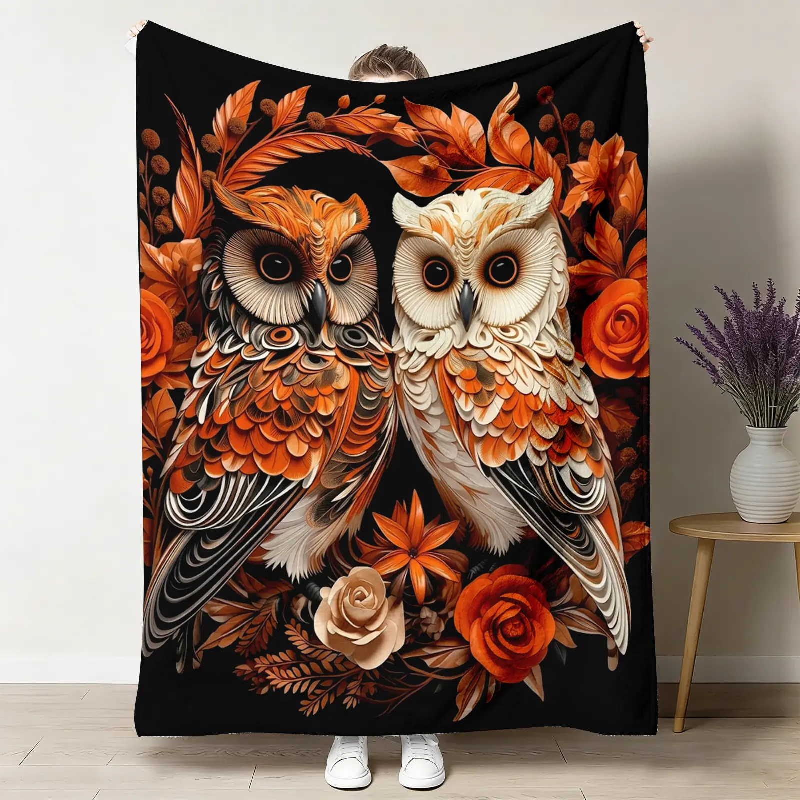 Owl Cozy Flannel Throw Blanket - Wrinkle Resistant, Stain Resistant, Lightweight, Orange Floral Paper Art Design, Soft Warm Rustic Autumn Style, 30x40 to 60x80 in, Bird Lovers Gift, Family Holiday Vintage Bedroom Couch Decor