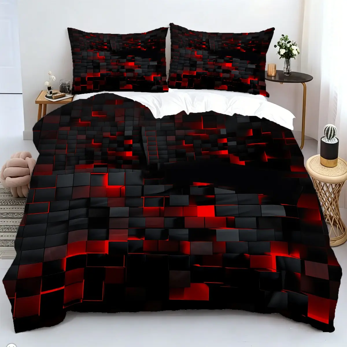 Modern Abstract Geometric Cube Print Duvet Cover Set, Contemporary Minimalist Bedding Set for Bedroom Decor. Soft, Breathable Quilt Cover, Stylish Home Refresh. (1* Quilt Cover + 1/2* Pillowcases, No Filling）