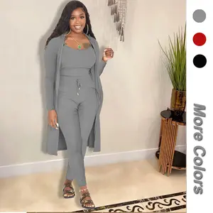 Three Pieces Casual Loungewear Set Sleeveless Top Slim-fit Pants and Open-front Knit Cardigan