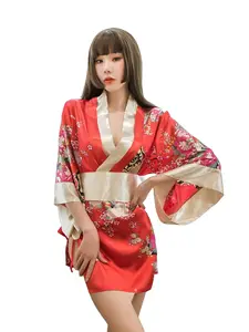 Red Floral Print Japanese Kimono Style Robe for Women V-Neck Satin Loungewear with Obi Belt Wide Sleeve Short Nightgown Casual Loose Homewear Sleepwear for Daily Wear