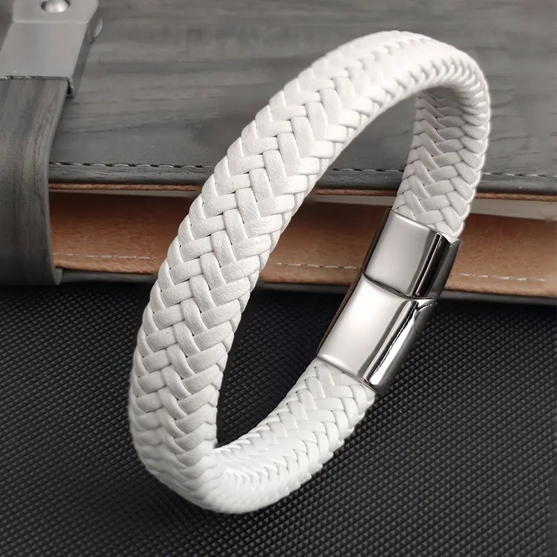 Fashion Simple White Leather Braid Bracelet Stainless Steel Buckle Clasps for Men Handmade Bangle  Charm Jewelry Gift