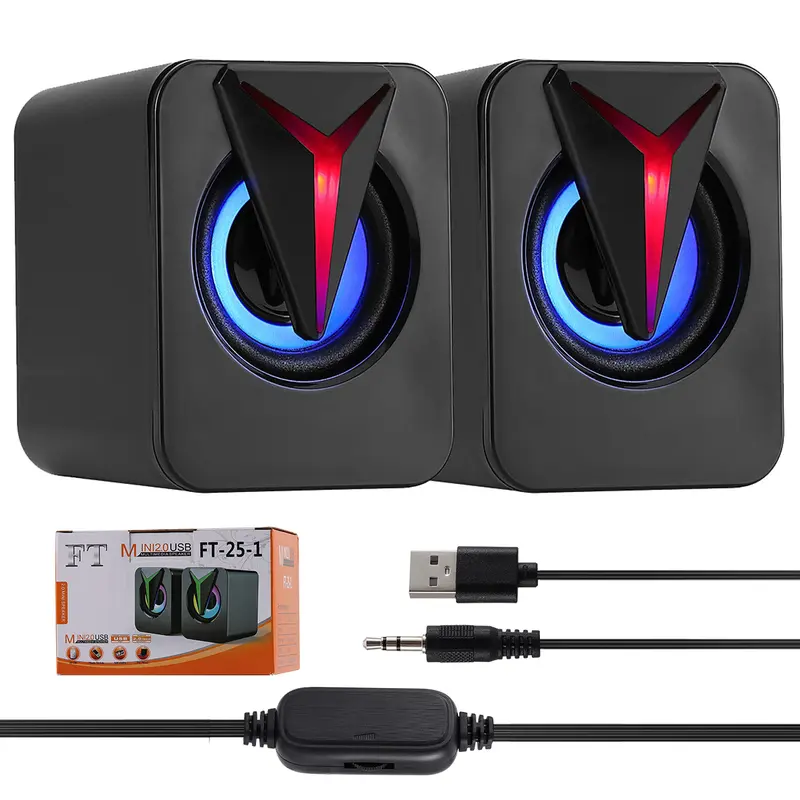 DAZONE 3.5mm Port RGB LED Compact Built-in Lighting Speakers - Mini USB Wired Stereo Computer Lights, Desk Space Saver, Plug-N-Play, Volume Control for Laptop, Desktop (Boosts Music Vibes)