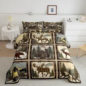 Deer Bear Comforter Set Kids Rustic Cabin Country Plaid Bedding Set for Boys Girls Teens Wild Animal Grid Comforter Nature Wildlife Tree Duvet Set Camper Lodge Quilt Set