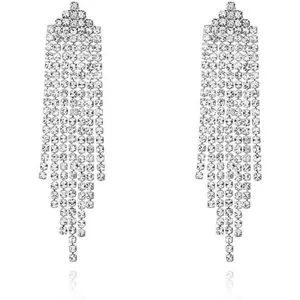 Rhinestone Earrings Dangling for Women Sparkly Silver Dangle Earrings Girls Long Chandelier Earrings Tassel Lightweight Ear Studs Cubic Zirconia Crystal Statement